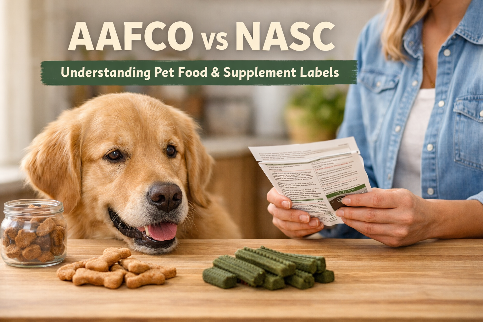 Dog owner reading pet treat label while dog looks at treats – understanding AAFCO vs NASC