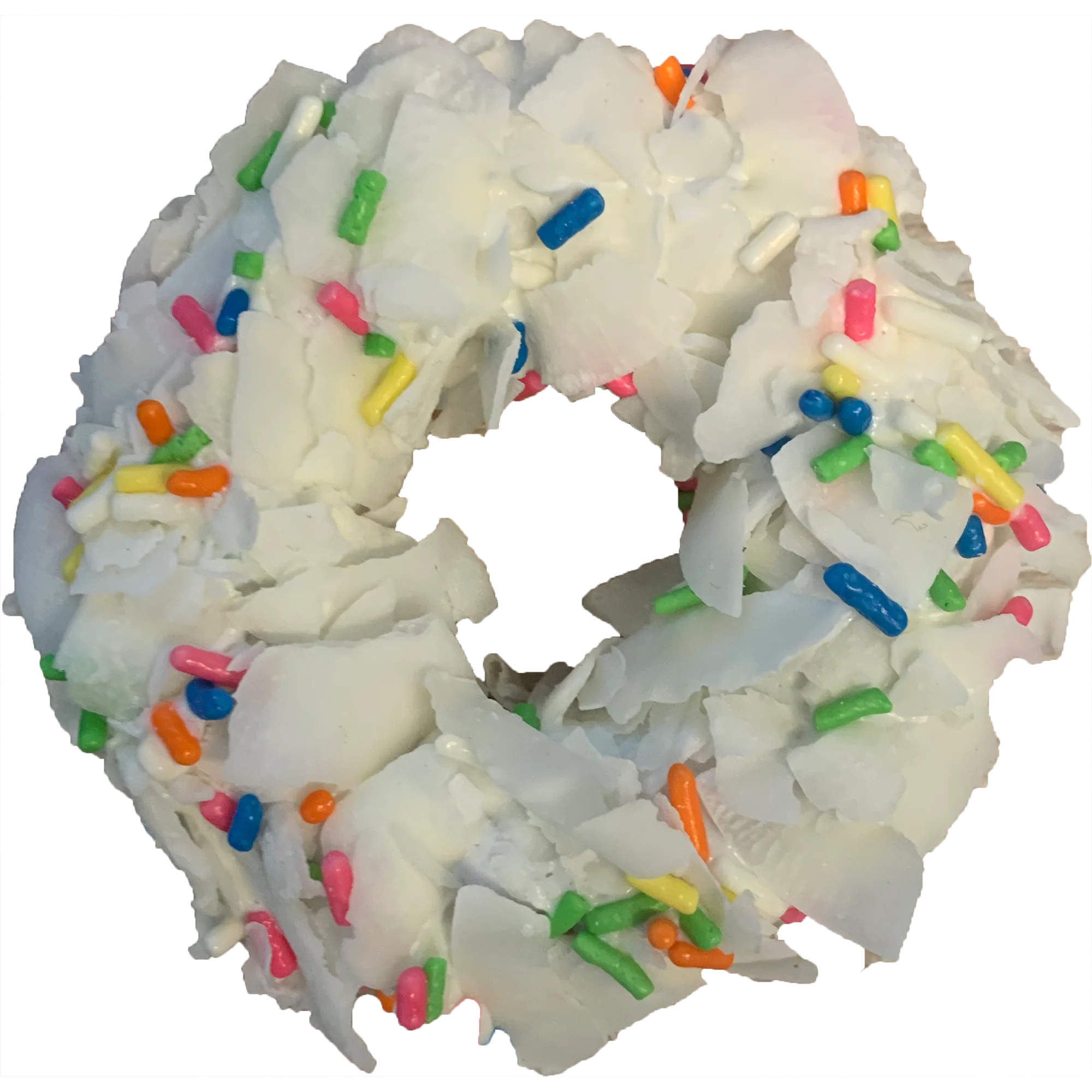 Dog Donut with white icing and colorful sprinkles on a white background