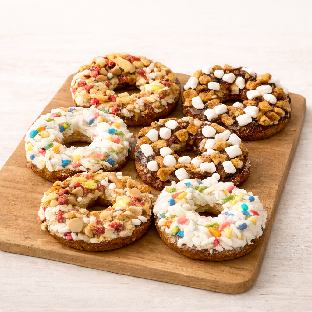 Treat Shop Donuts half dozen dog treat bundle with Birthday, Hound Dog, and S’mores flavors (6 total donuts) .  This bundle is ready for any Dog party