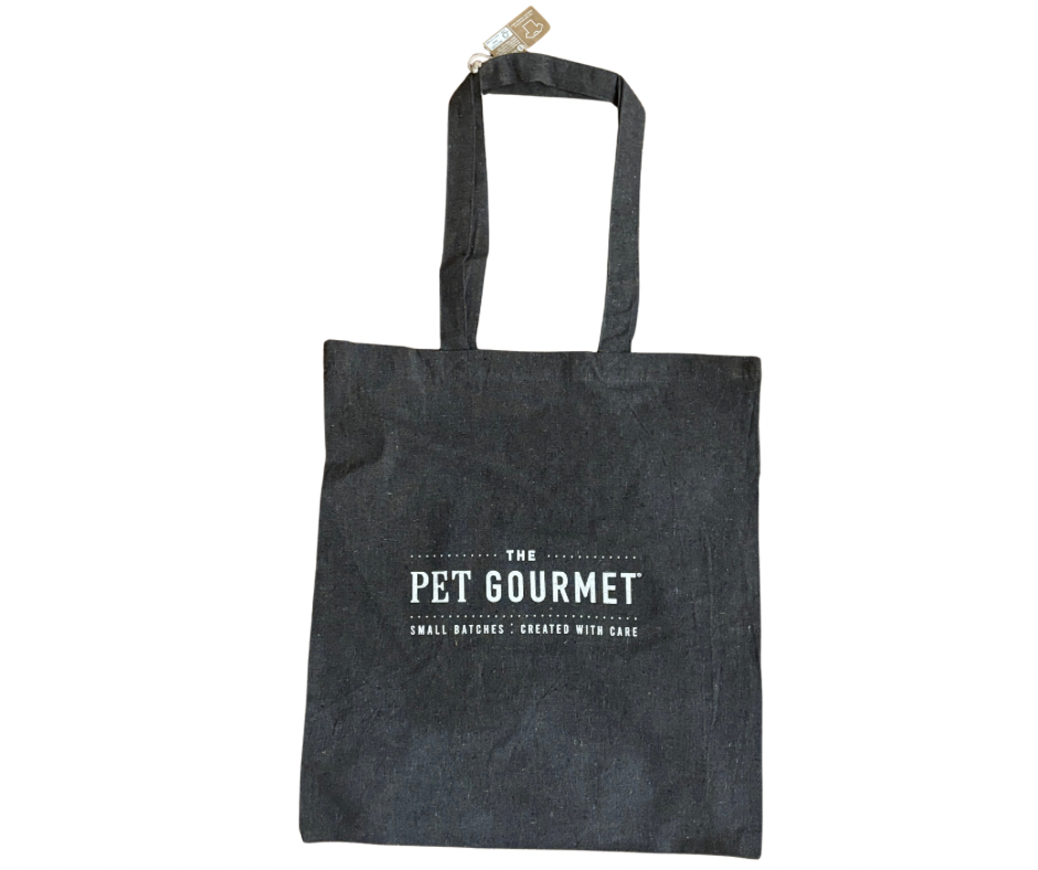 Black tote bag with 'The Pet Gourmet'