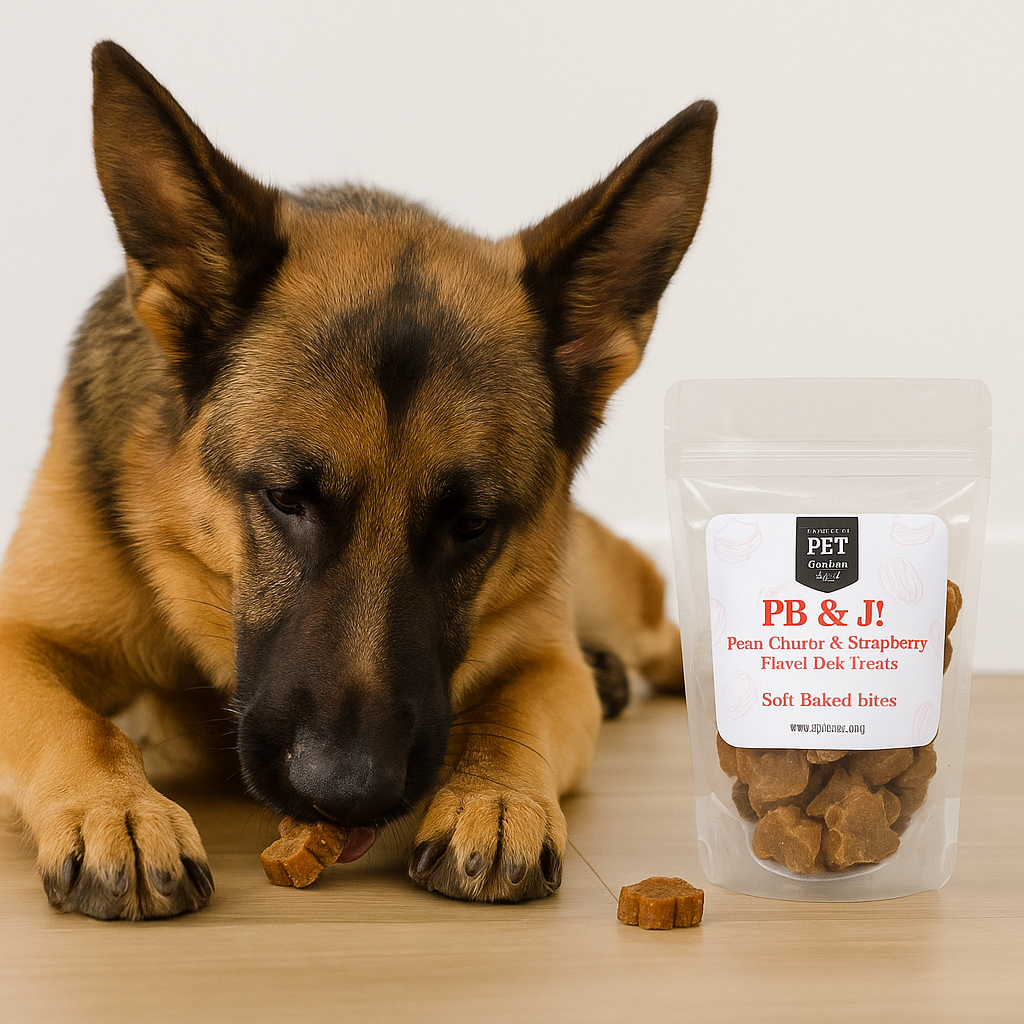 German Shepherd dog with a bag of PB & J