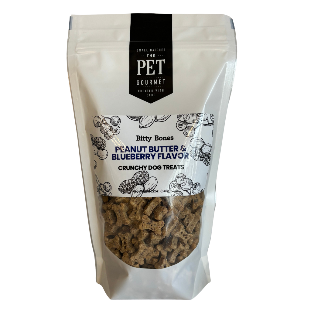 Bag of Pet Gourmet Bitty Bones Peanut Butter & Blueberry Flavor crunchy dog treats