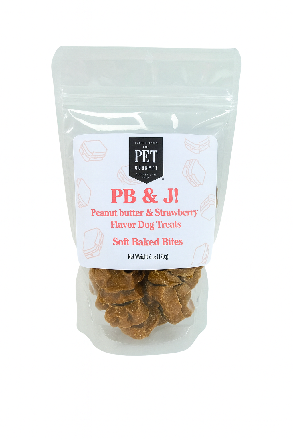 Package of Pet Gourmet PB & J! Peanut butter and strawberry dog treats 