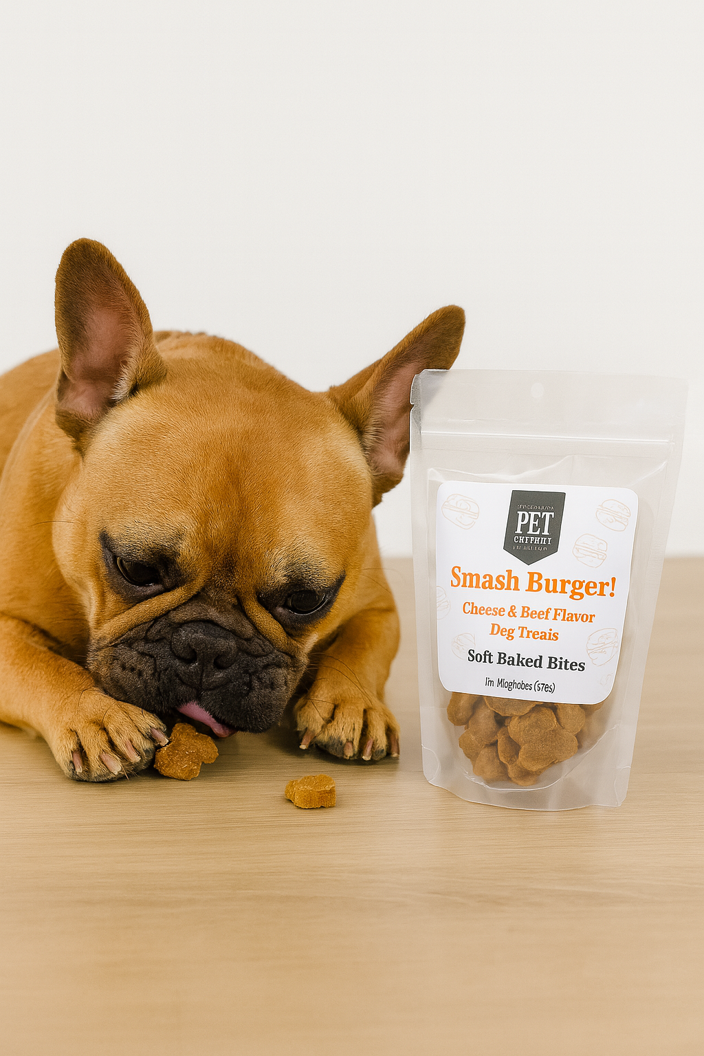 Dog with a package of Smash Burger dog treats