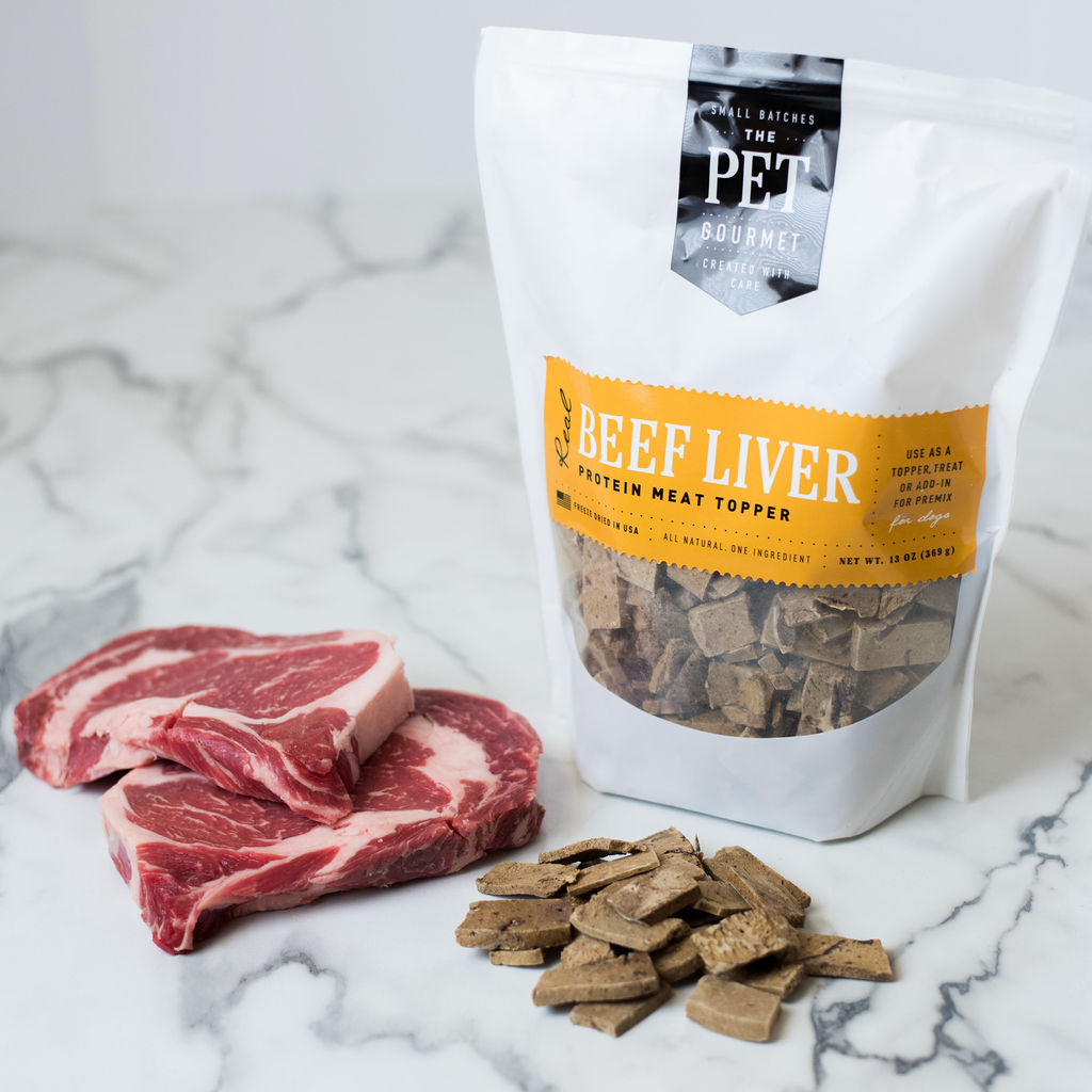 A package of freeze-dried beef liver designed for pets